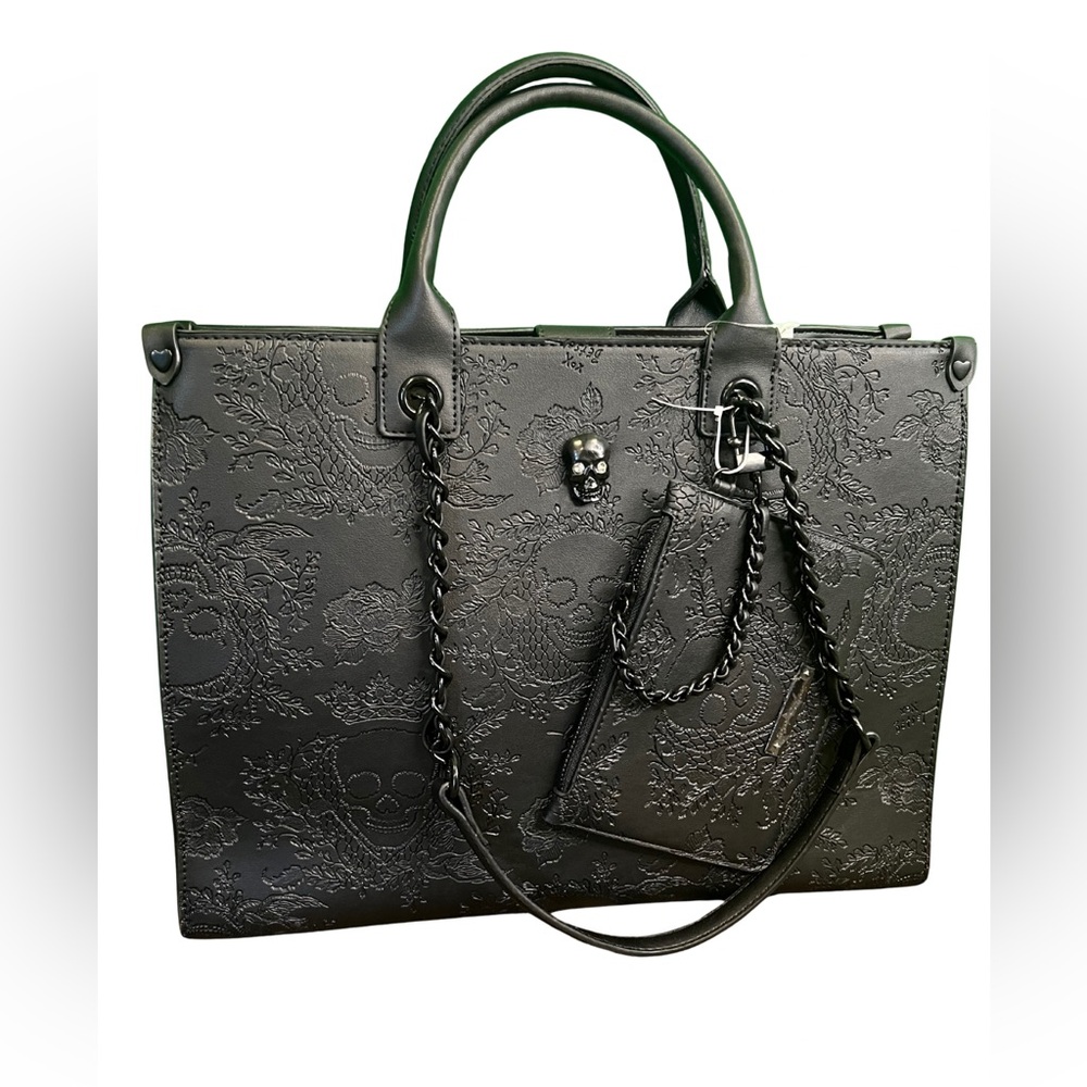 Betsey Johnson Xokiara Skull Embossed Black Tote Bag with wallet pouch NWT